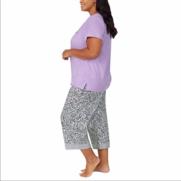 NEW CAROLE HOCHMAN Cotton 4 Pc Lounge Pajama Set Purple Capri Tank Shorts Tee - Picture 3 of 9